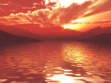 3D render of a dramatic sunset ocean landscape