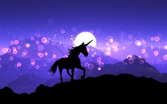 3D render of a fantasy unicorn on a mountain landscape with purple sunset sky