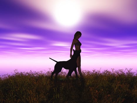 3D render of a female and her pet dog in a sunset landscape
