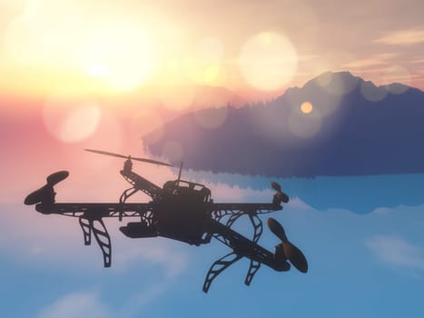 3D render of a drone flying over the ocean with a sunset sky