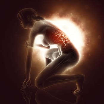 3D render of a female figure crouching with spine highlighted with light rays