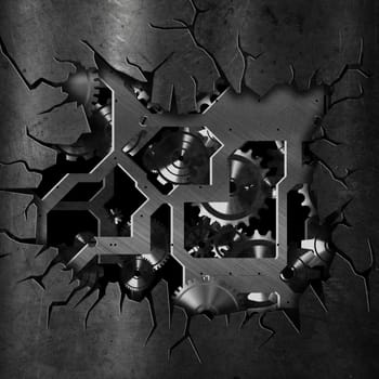 3D render of a cracked grunge metal background with cogs and gears