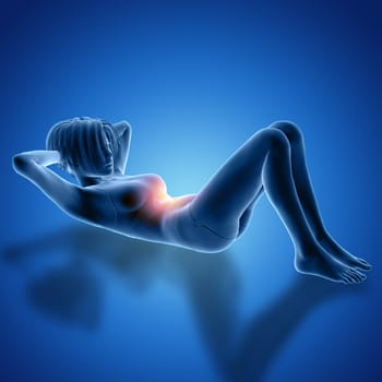 3D render of a female figure in sit up pose with muscles used highlighted