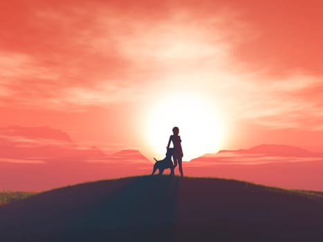 3D render of a female and her dog against a sunset landscape