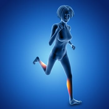 3D render of a female figure in sprinting pose with muscles used highlighted