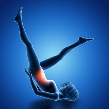 3D render of a female figure on back doing leg exercises with muscles used highlighted