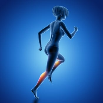 3D render of a female figure in running pose with muscles used highlighted
