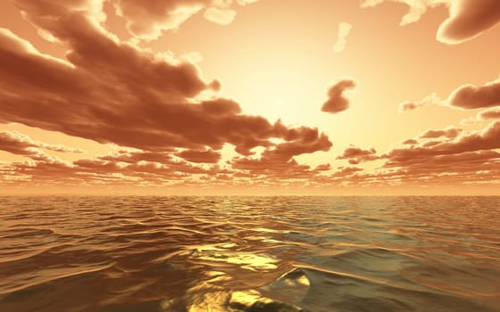 3D render of a dramatic sunset over the ocean