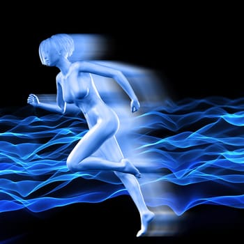 3D render of a female figure with speed effect on background of flowing dots