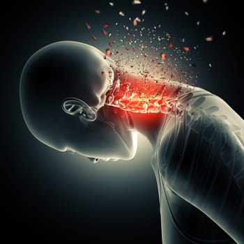 3D render of a female figure with neck bones highlighted with shatter effect