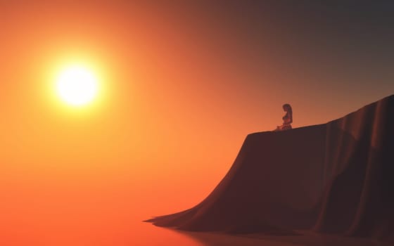 3D render of a female in a yoga pose on a cliff top against a sunset sky