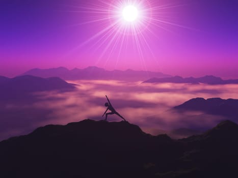 3D render of a female in a yoga pose on a mountain against a purple sunset sky