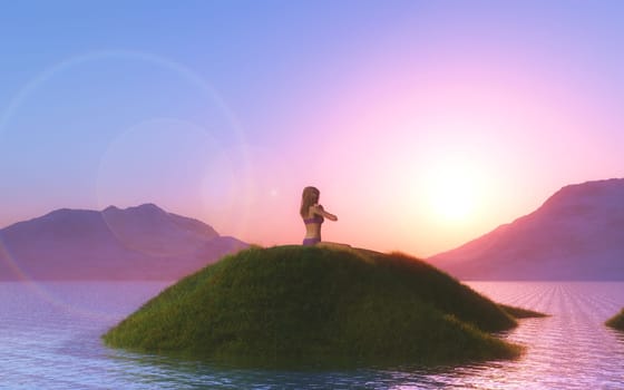 3D render of a female in a yoga pose against a sunset sky