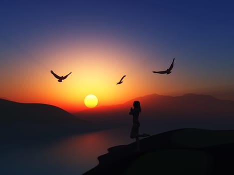3D render of a female in yoga pose against a sunset landscape