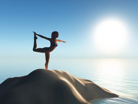 3D render of a female in a yoga pose on a sand dune in the ocean
