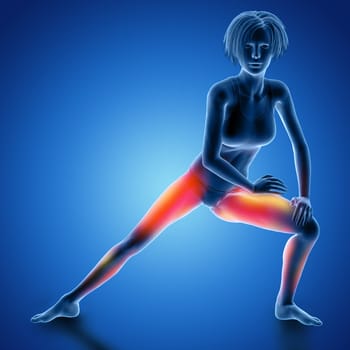 3D render of a female figure in thigh stretch pose with muscles used highlighted