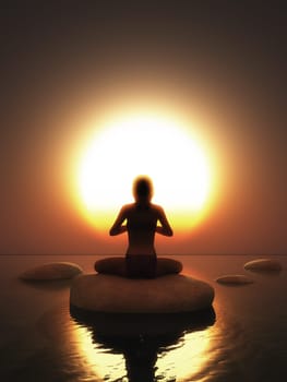 3D render of a female in yoga pose on rock in ocean against a sunset sky