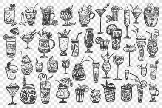 Cocktails doodle set. Collection of different alcoholic summer tropical beverages beer vodka wine isolated on transparent background. Bad habit alcohol addiction illustration.