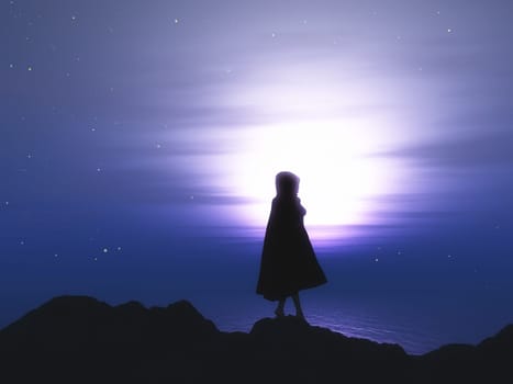 3D render of a female in cloak against a starry night sky