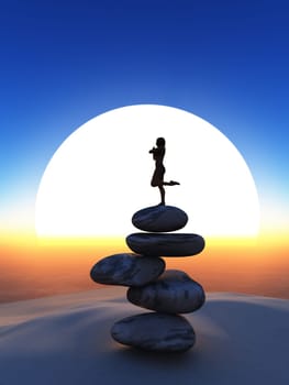 3D render of a female in yoga pose on balancing stones against sunset sky