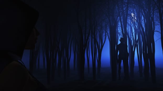 3D render of a female looking at creature hiding in foggy forest