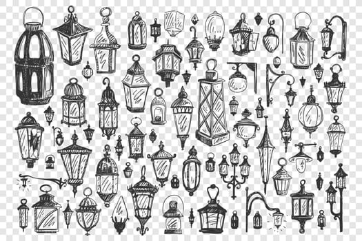 Street lamps doodle set. Collection of urban flashlights lighting tools decorative design elements with electric light bulbs isolated on transparent background. Various antique lanterns illustration.
