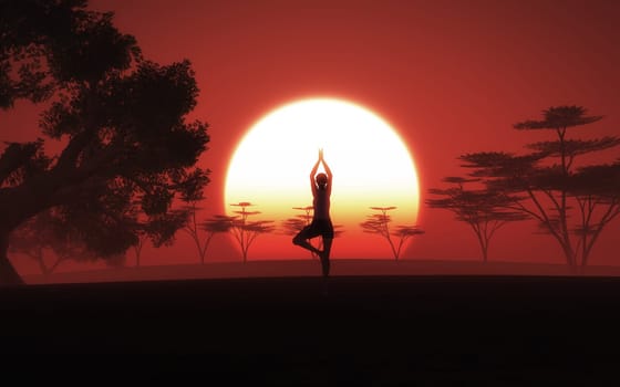 3D render of a female in yoga pose in african landscape with sunset sky