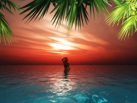 3D render of a female in the sea against a sunset sky