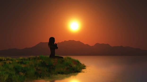 3D render of a female in yoga pose against a sunset sky