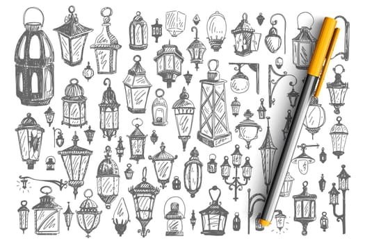 Street lamps doodle set. Collection of urban flashlights lighting tools decorative design elements with electric light bulbs isolated on white background. Various antique lanterns illustration.