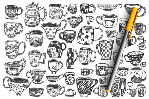 Cups doodle set. Collection of different hand drawn decorated coffee tea mugs full with beverages isolated on white background. Trendy crockery with handle for drink illustration.