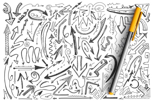 Arrows doodle set. Collection of different shape round twisted hand drawn arrowhead computer cursors pointers on white background. Navigation symbol vector abstract illustration.