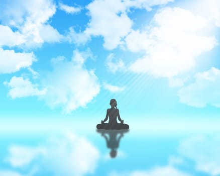 3D render of a female in yoga position against blue cloudy sky