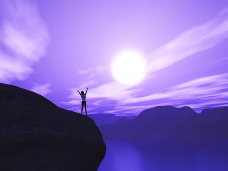 3D render of a female stood on cliff with arms raised in joy against sunset landscape