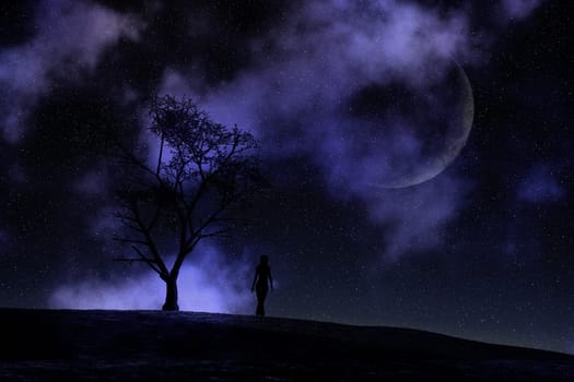 3D render of a female walking against a moonlit night sky