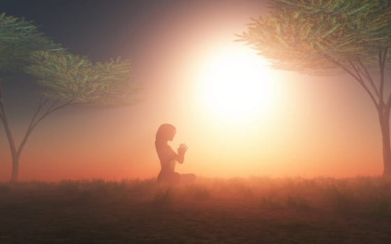3D render of a female in yoga pose in sunset landscape