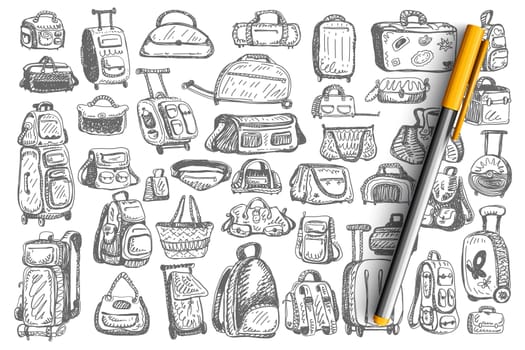 Bags doodle set. Collection of different handbags for travelling tourist baggage school backpacks isolated on white background. Travel suitcase luggage for trip journey illustration.