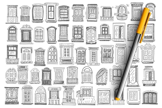 Balcony doodle set. Collection of hand drawn of different size window frames and exterior facade of buildings on white background. Architecture and outdoor design illustration.
