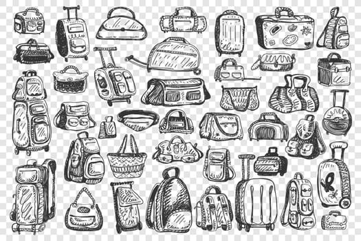 Bags doodle set. Collection of different handbags for travelling tourist baggage school backpacks isolated on transparent background. Travel suitcase luggage for trip journey illustration.