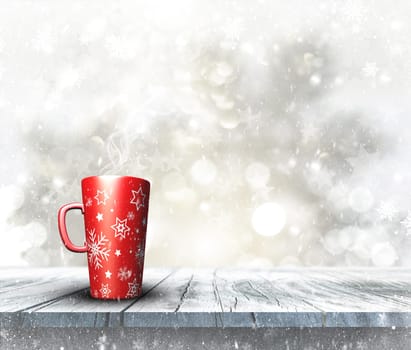 3D render of a festive mug on wooden table with Christmas background