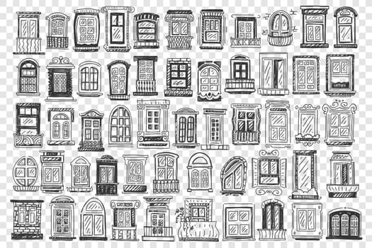Windows doodle set. Collection of hand drawn of different size window frames and balcony facade of buildings on transparent background. Architecture and outdoor design illustration.