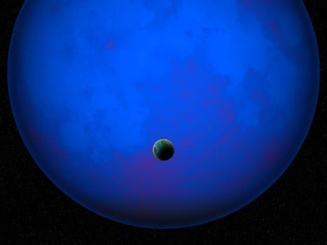 3D render of a fictional space scene with Earth like planet against glowing blue planet