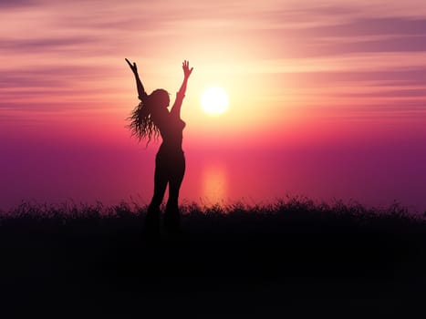3D render of a female with arms raised in joy in a grassy sunset landscape