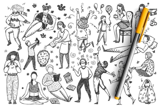 People doodle set. Collection of hand drawn men women characters celebrating reading drinking coffee listening music meditating sleeping isolated on white background. Holiday leisure time illustration
