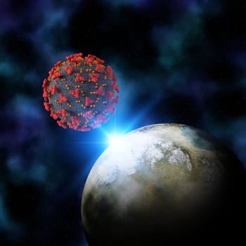 3D render of a fictional space background with the Earth and Coronal virus cell