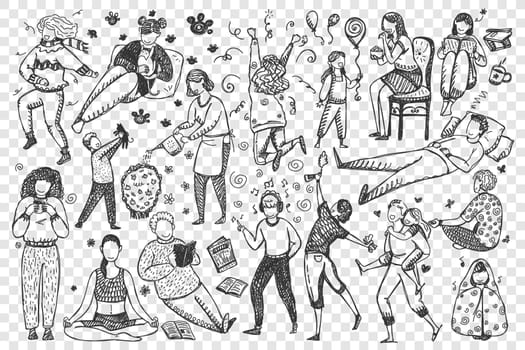 People doodle set. Collection of hand drawn men women characters celebrating reading drinking coffee listen music meditating dancing isolated on transparent background. Human leisure time illustration
