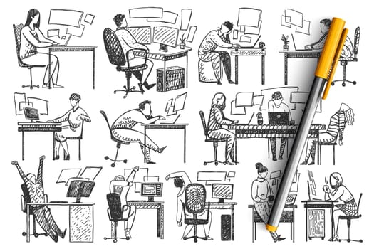 People in office doodle set. Collection of hand drawn businessmen women clerks managers sitting working at workplace desk together isolated on white background. Business occupation illustration.