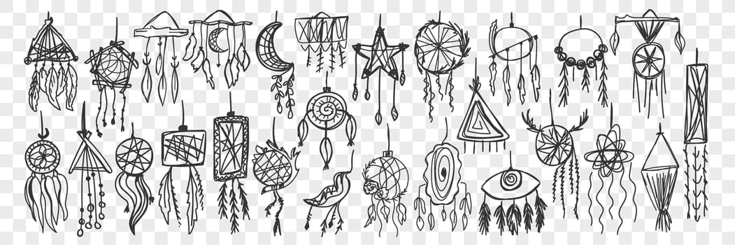 Dream catcher doodle set. Collection of hand drawn traditional indian tribal ethnic decoration for home interior and relaxation isolated on transparent background. Illustration of feather native art