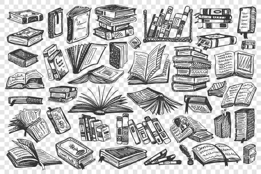 Books doodle set. Collection of book covers and pages of educational library school university textbook isolated on transparent background. Illustration of knowledge and education symbol.