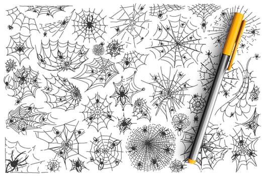 Spider web doodle set. Collection of arachnid net trap for insects halloween symbol isolated on white background. Internet metaphor and tattoo template illustration.